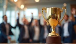 Golden trophy in focus, people celebrate success in blurred background. Corporate teamwork concept, company recognition. Reward, achievement, winning, leadership. Celebration of business culture,